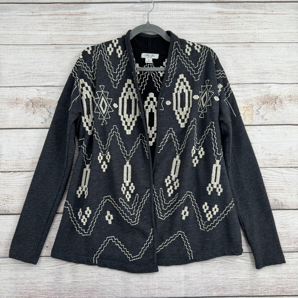 Lucky Lotus Cardigan Women S Gray Embroidered Open Front Southwestern 7WP7025